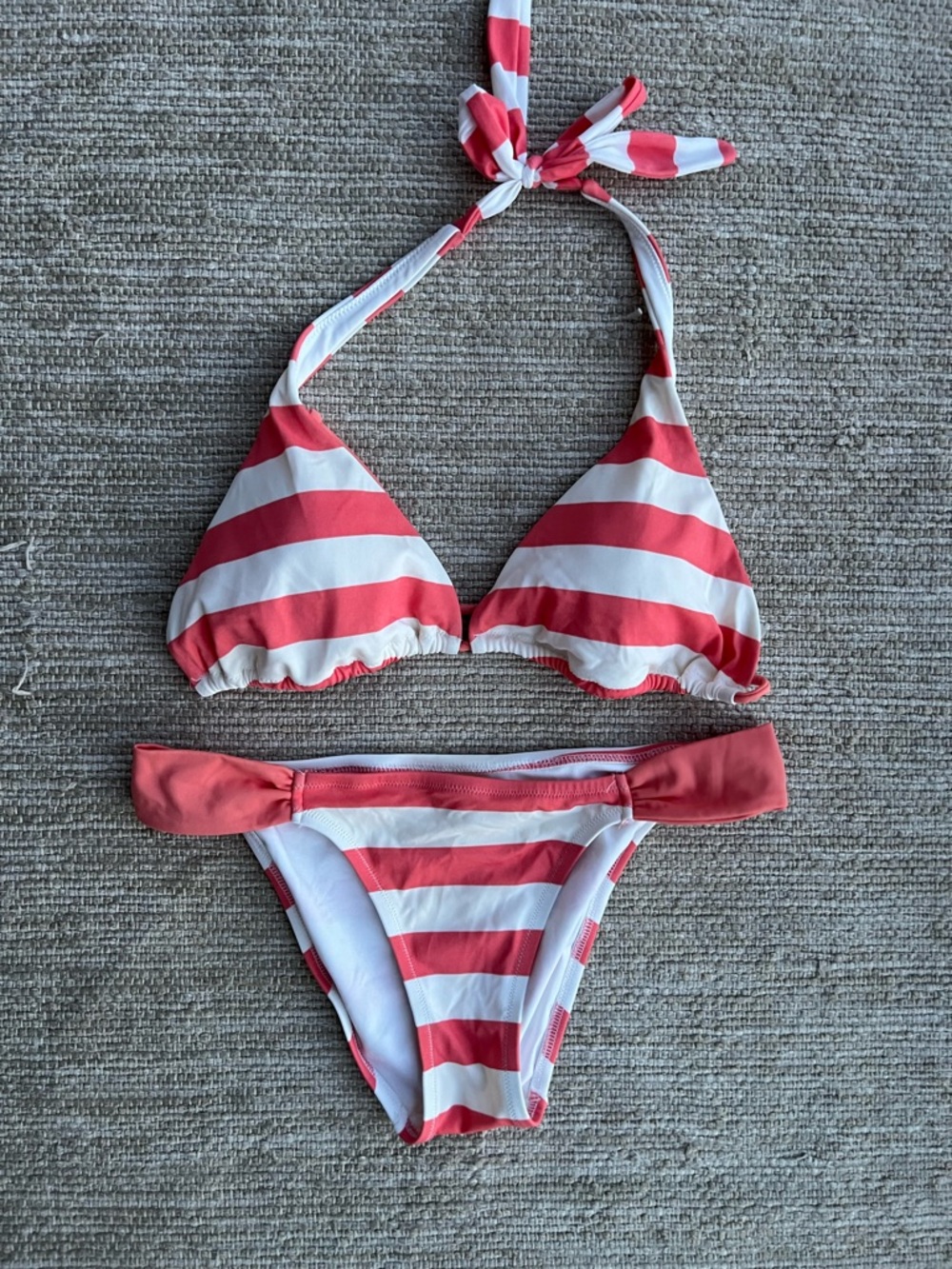 Victoria's Secret Vintage Coral White Stripe Triangle Bikini Set Bottom S Top L